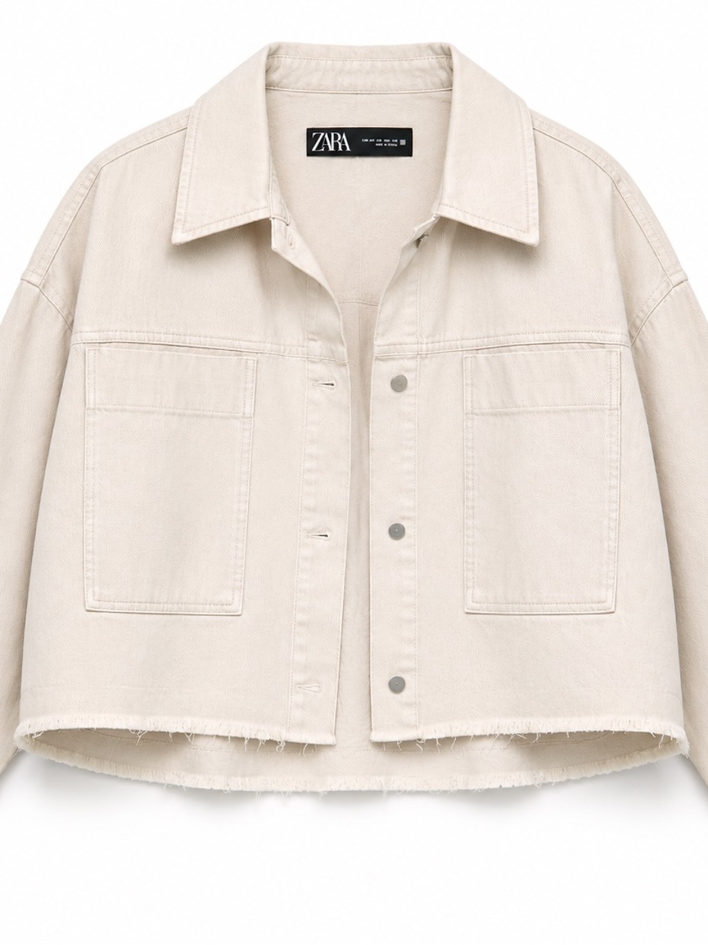 Zara Ecru Cropped Denim Jacket Raw Hem Oversized Utility Shacket NWT
